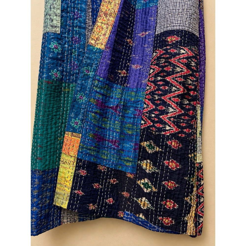 Vintage Silk Kantha Patchwork Robe Handmade Quilted Kimono Belted One Size - Picture 9 of 10